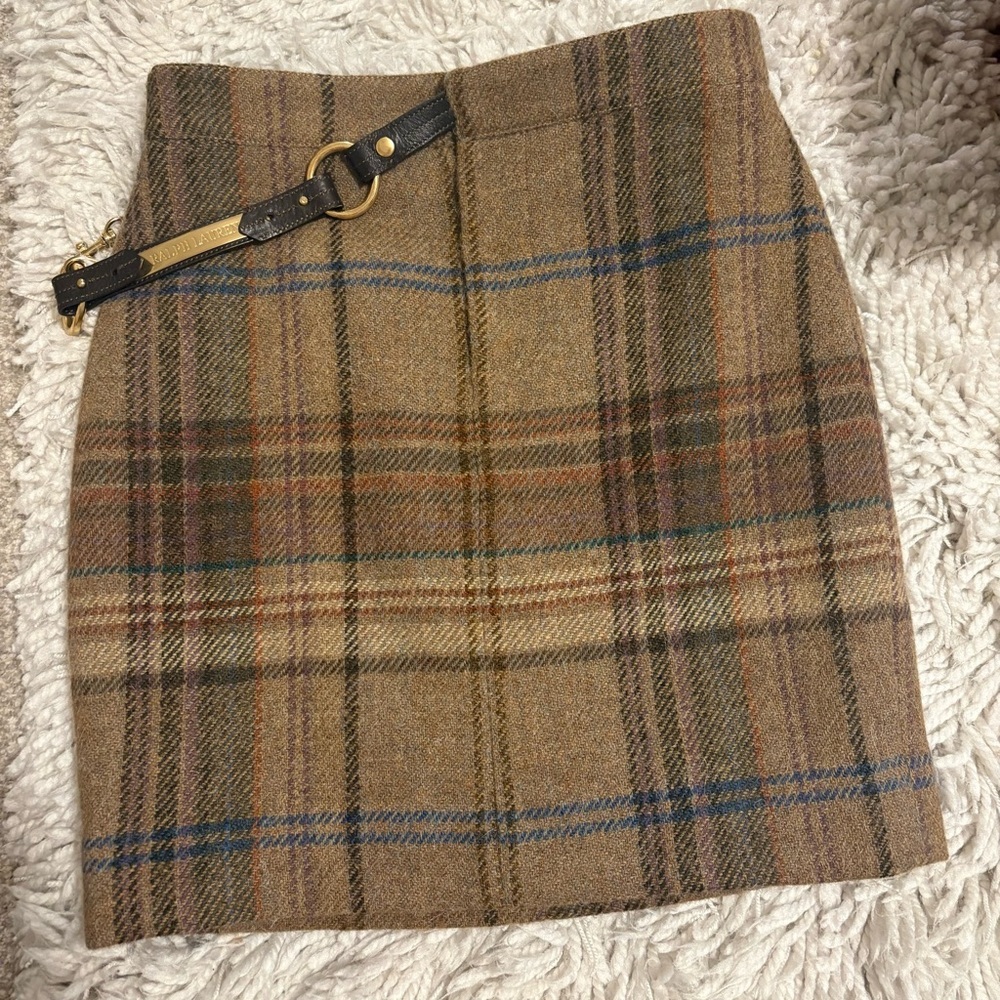 Vintage Ralph Lauren Plaid Wool Mini Skirt Leather Gold Chain Belt 90s y2k Prep - Picture 13 of 13